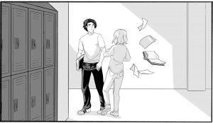 Annie's books go flying after bumping into Jonah while turning the corner in the hallway.